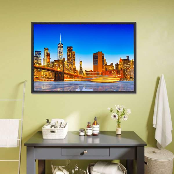 Lower Manhattan & Brooklyn Bridge Canvas Wall Art-1 Piece-Floating Frame-24" x 16"-Tiaracle
