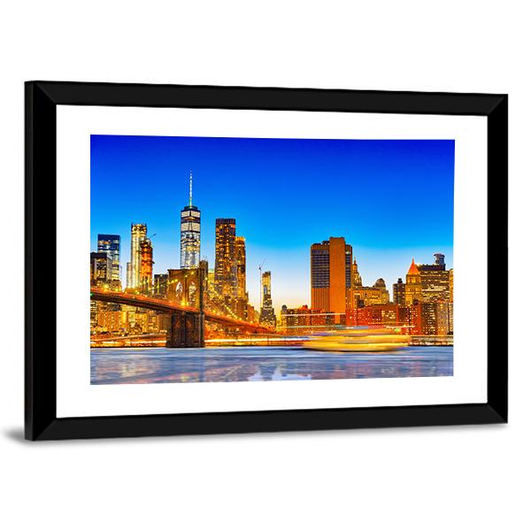 Lower Manhattan & Brooklyn Bridge Canvas Wall Art-5 Horizontal-Gallery Wrap-22" x 12"-Tiaracle