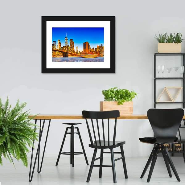 Lower Manhattan & Brooklyn Bridge Canvas Wall Art-5 Horizontal-Gallery Wrap-22" x 12"-Tiaracle