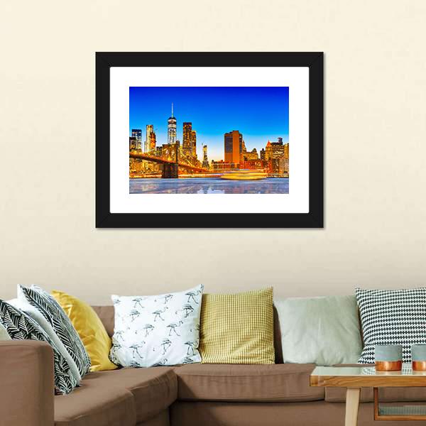 Lower Manhattan & Brooklyn Bridge Canvas Wall Art-5 Horizontal-Gallery Wrap-22" x 12"-Tiaracle