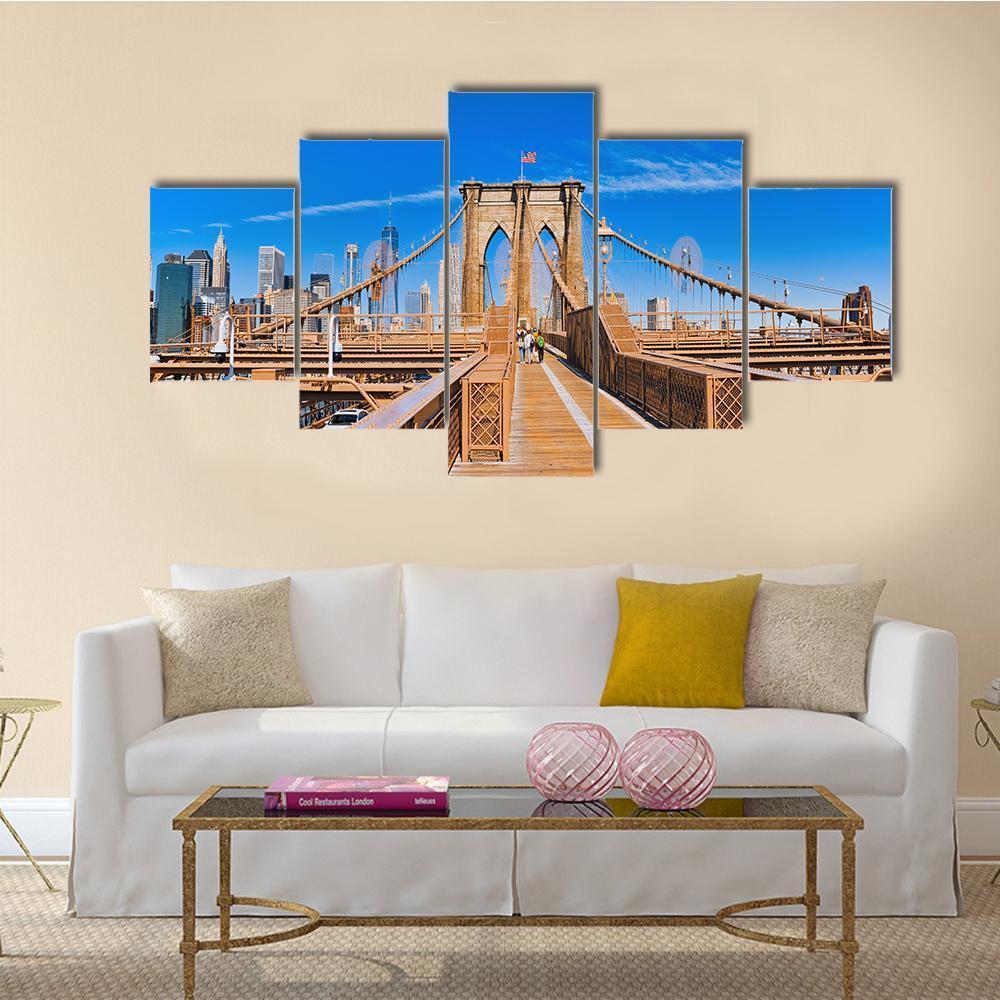 Lower Manhattan From Brooklyn Bridge Canvas Wall Art-5 Star-Gallery Wrap-62" x 32"-Tiaracle