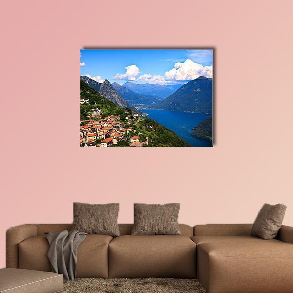 Lugano City With Lake Canvas Wall Art-1 Piece-Gallery Wrap-48" x 32"-Tiaracle
