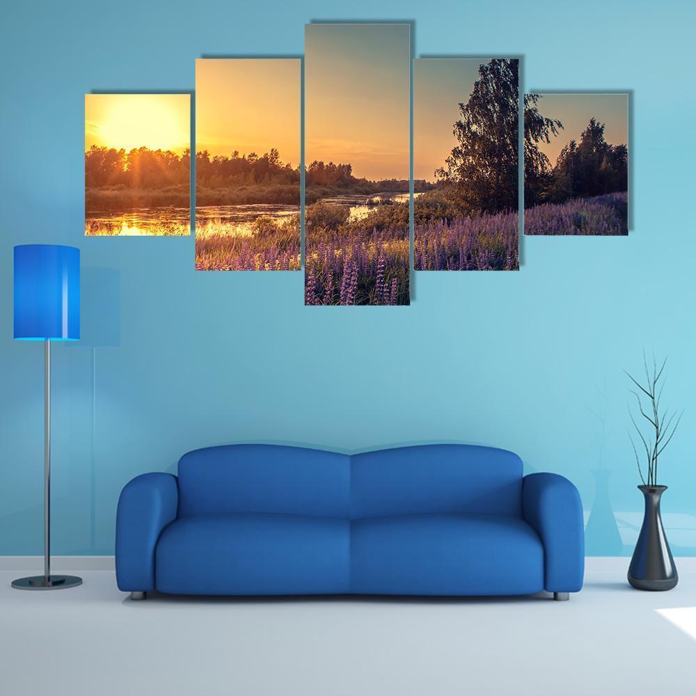 Lupines At Sunset Canvas Wall Art-5 Star-Gallery Wrap-62" x 32"-Tiaracle