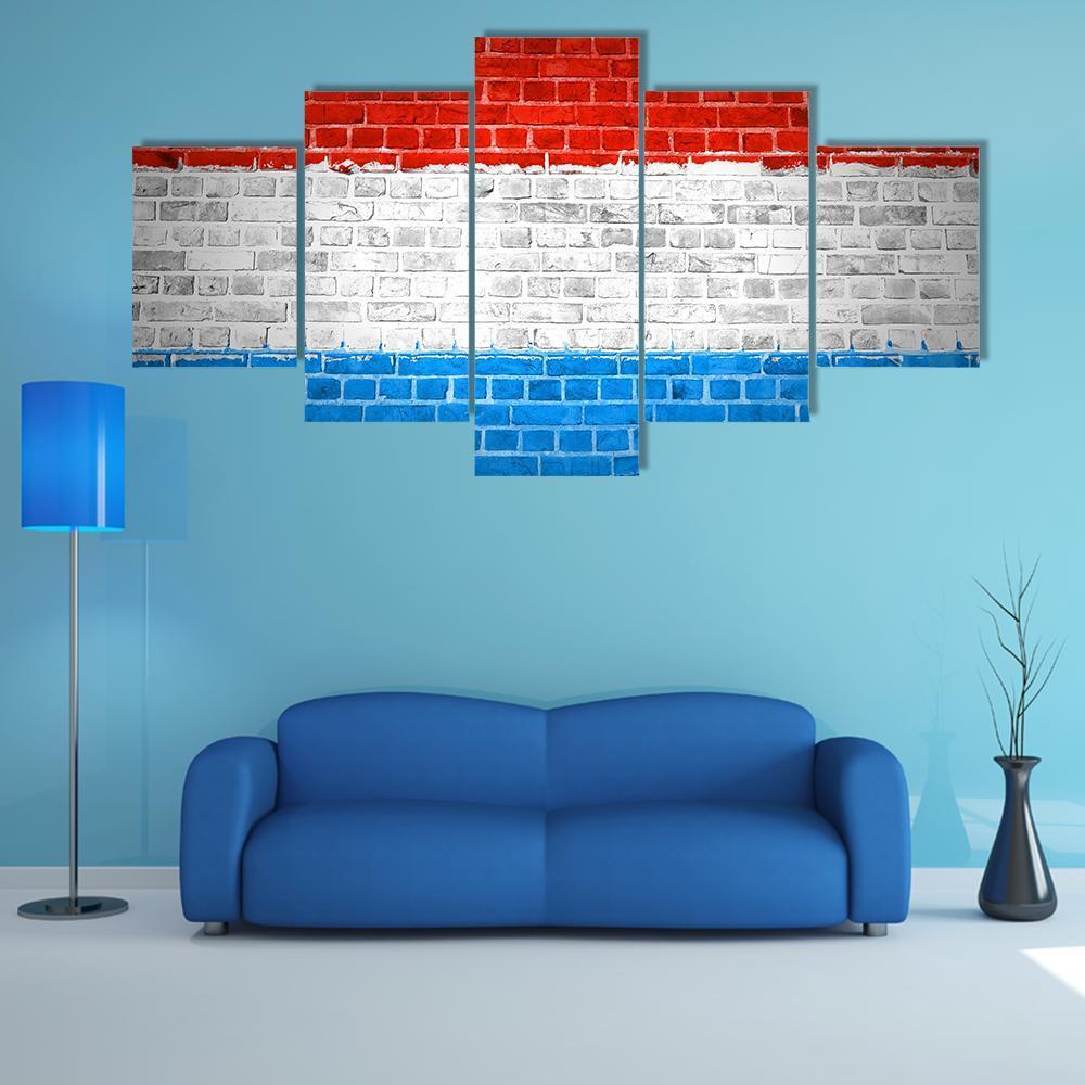 Luxembourg Flag On Brick Wall Canvas Wall Art-5 Star-Gallery Wrap-62" x 32"-Tiaracle