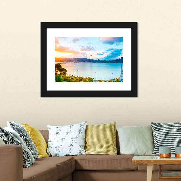 Macau Cityscape At Sunset Canvas Wall Art-3 Horizontal-Gallery Wrap-25" x 16"-Tiaracle