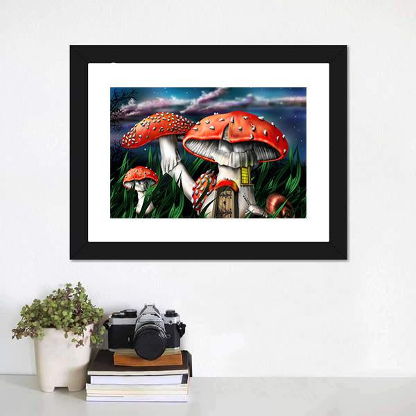 Magical Mushrooms In Forest Canvas Wall Art-1 Piece-Framed Print-20" x 16"-Tiaracle