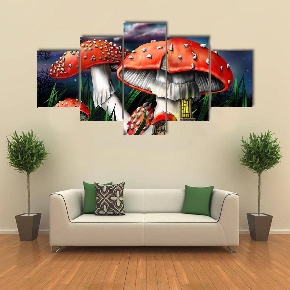 Magical Mushrooms In Forest Canvas Wall Art-5 Star-Gallery Wrap-62" x 32"-Tiaracle
