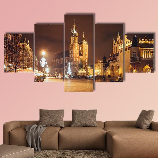 Main Market Square And St Mary's Basilica Canvas Wall Art-5 Star-Gallery Wrap-62" x 32"-Tiaracle