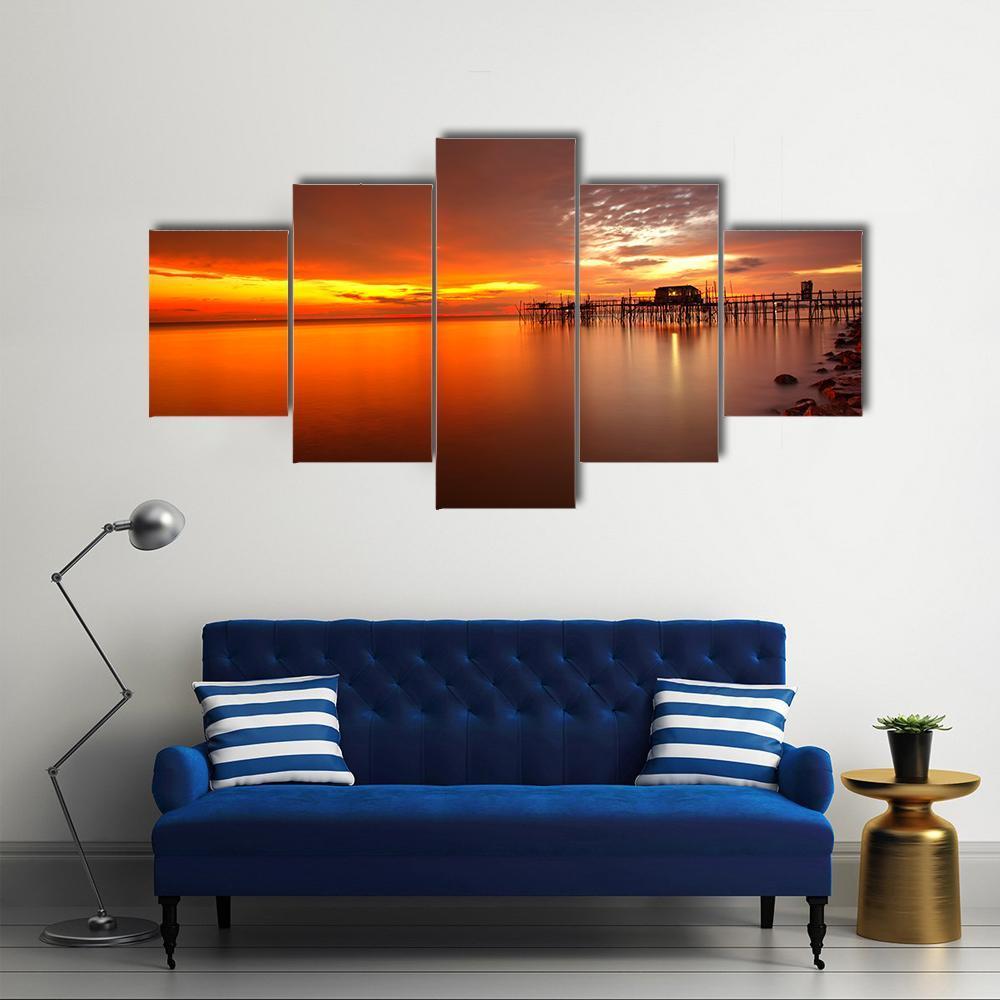 Majestic Burning Sunset Canvas Wall Art-5 Star-Gallery Wrap-62" x 32"-Tiaracle