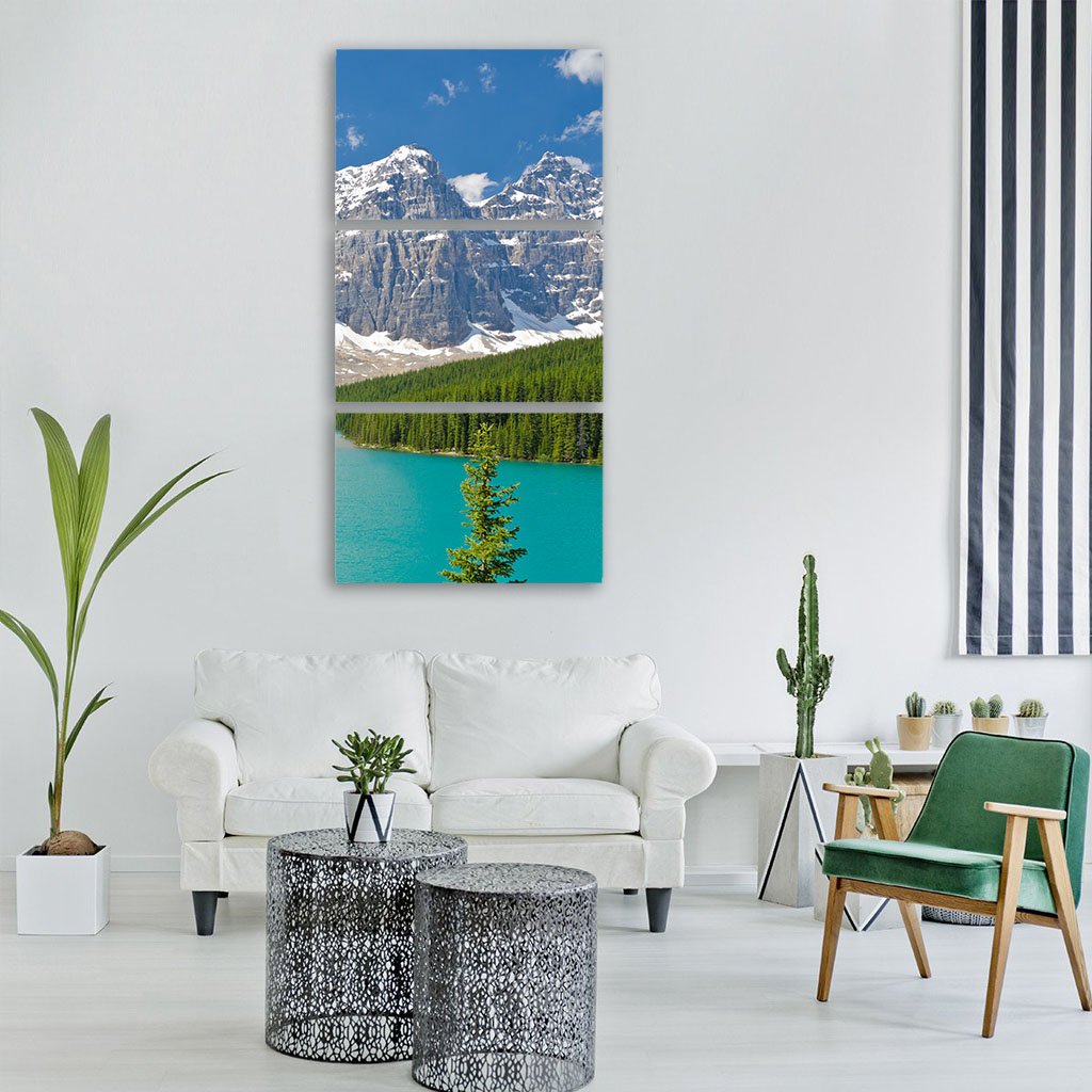 Majestic Moraine Lake Vertical Canvas Wall Art-3 Vertical-Gallery Wrap-12" x 25"-Tiaracle