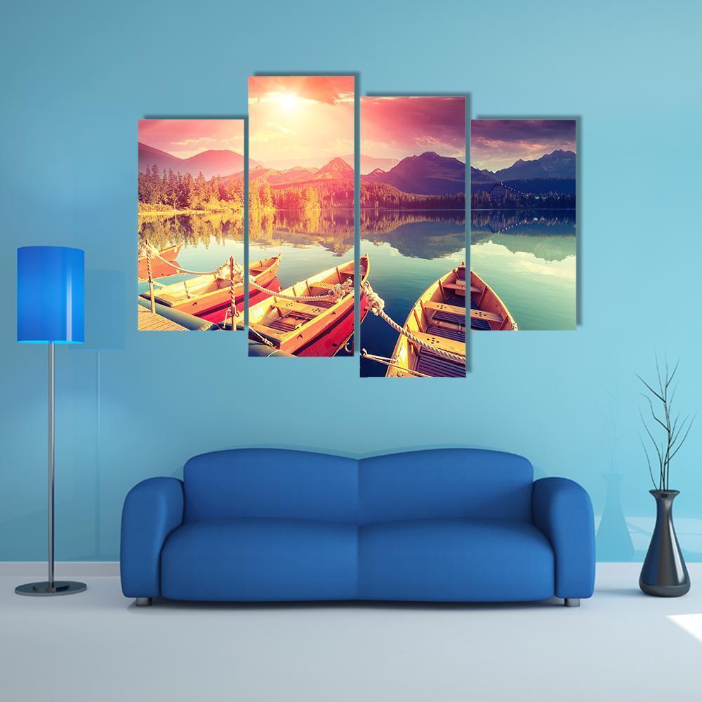 Boats On Mountain Lake Canvas Wall Art-4 Pop-Gallery Wrap-50" x 32"-Tiaracle