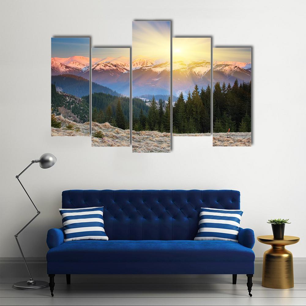 Sunset In Mountain Landscape Canvas Wall Art-5 Pop-Gallery Wrap-47" x 32"-Tiaracle