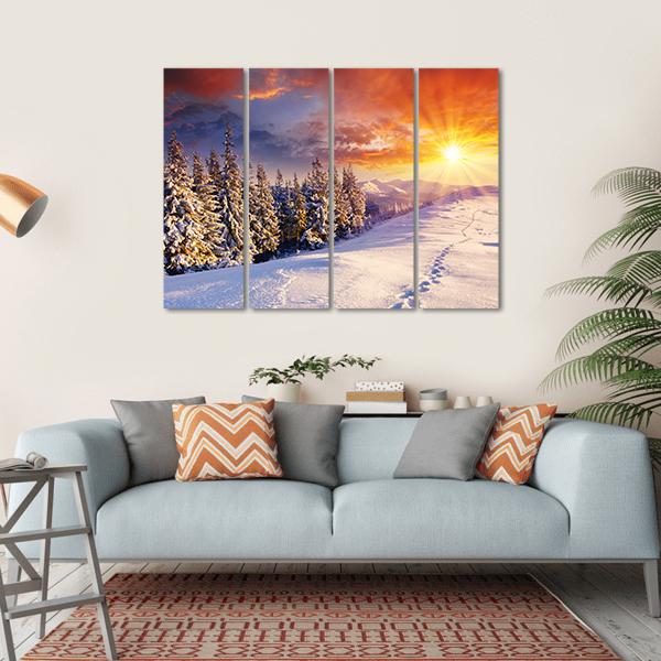 Majestic Sunset In Winter Mountain Canvas Wall Art-4 Horizontal-Gallery Wrap-34" x 24"-Tiaracle