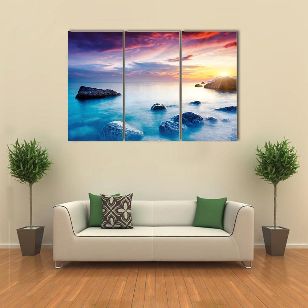 Majestic Sunset Over Beach Canvas Wall Art-3 Horizontal-Gallery Wrap-37" x 24"-Tiaracle