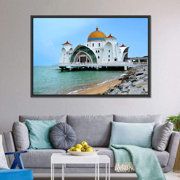 Malacca Straits Mosque In Malaysia Canvas Wall Art-3 Horizontal-Gallery Wrap-25" x 16"-Tiaracle