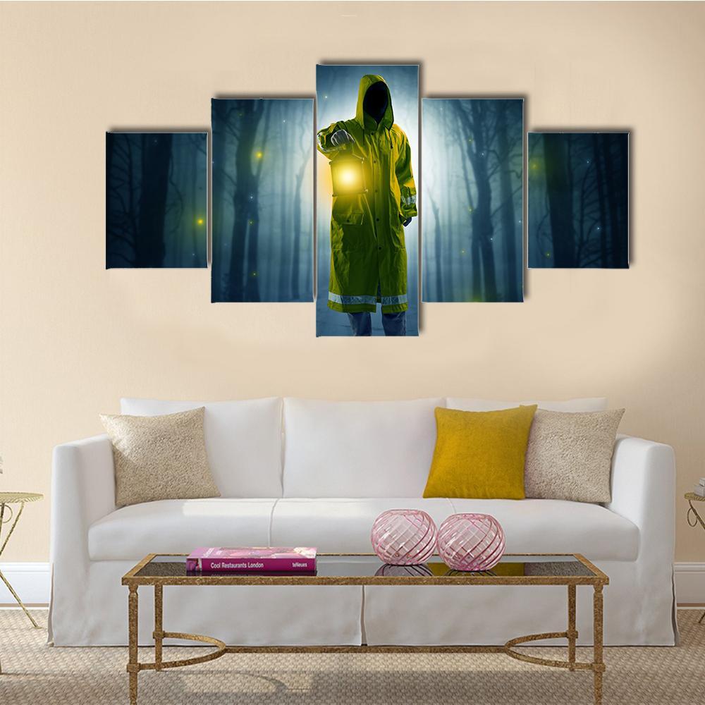 Man In Dark Forest Canvas Wall Art-5 Star-Gallery Wrap-62" x 32"-Tiaracle