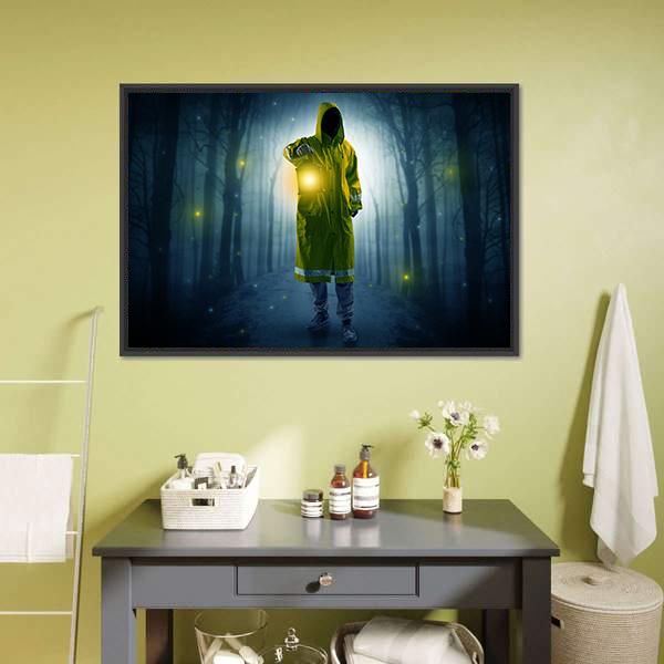 Man In Dark Forest Canvas Wall Art-1 Piece-Floating Frame-24" x 16"-Tiaracle