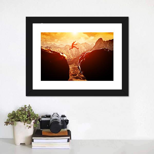 Man Jumping Through Rocks Canvas Wall Art-1 Piece-Framed Print-20" x 16"-Tiaracle