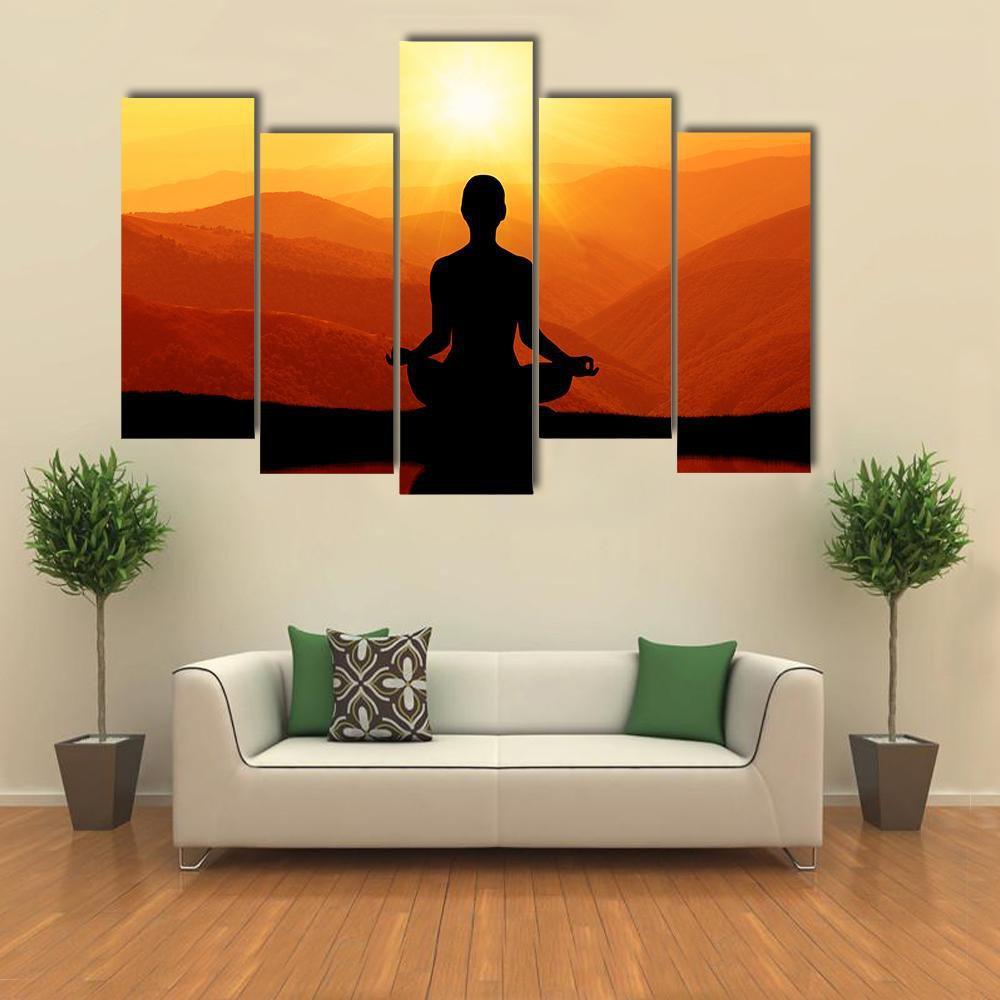Man Meditating Silhouette Canvas Wall Art-5 Pop-Gallery Wrap-47" x 32"-Tiaracle