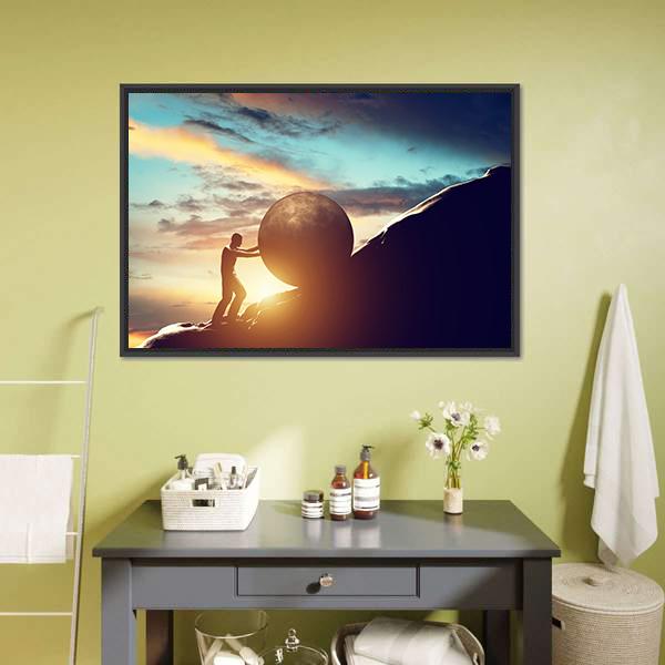 Man Rolling Ball Up Hill Canvas Wall Art-1 Piece-Floating Frame-24" x 16"-Tiaracle