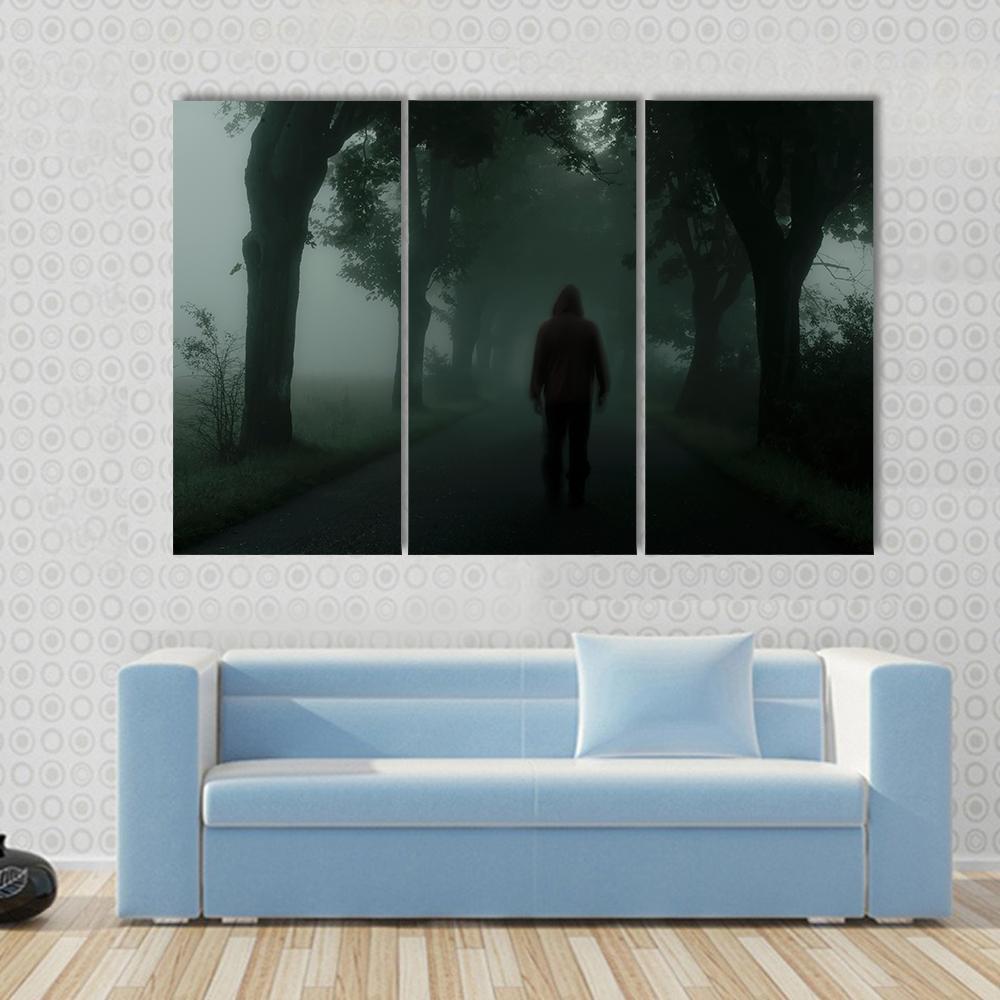 Man Silhouette In Dark Forest Canvas Wall Art-3 Horizontal-Gallery Wrap-37" x 24"-Tiaracle