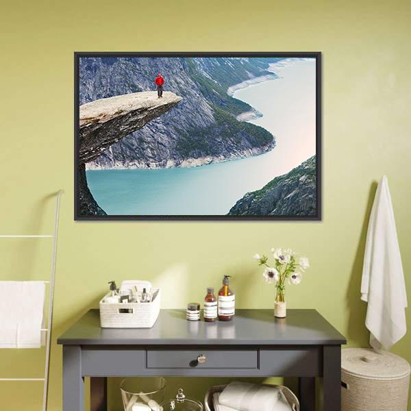 Man Standing At Trolltunga Canvas Wall Art-1 Piece-Floating Frame-24" x 16"-Tiaracle