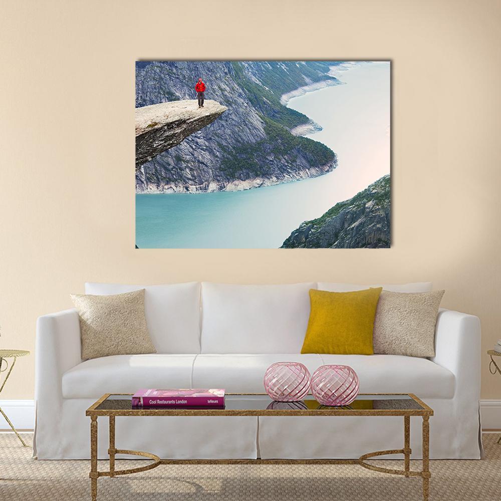 Man Standing At Trolltunga Canvas Wall Art-1 Piece-Gallery Wrap-48" x 32"-Tiaracle