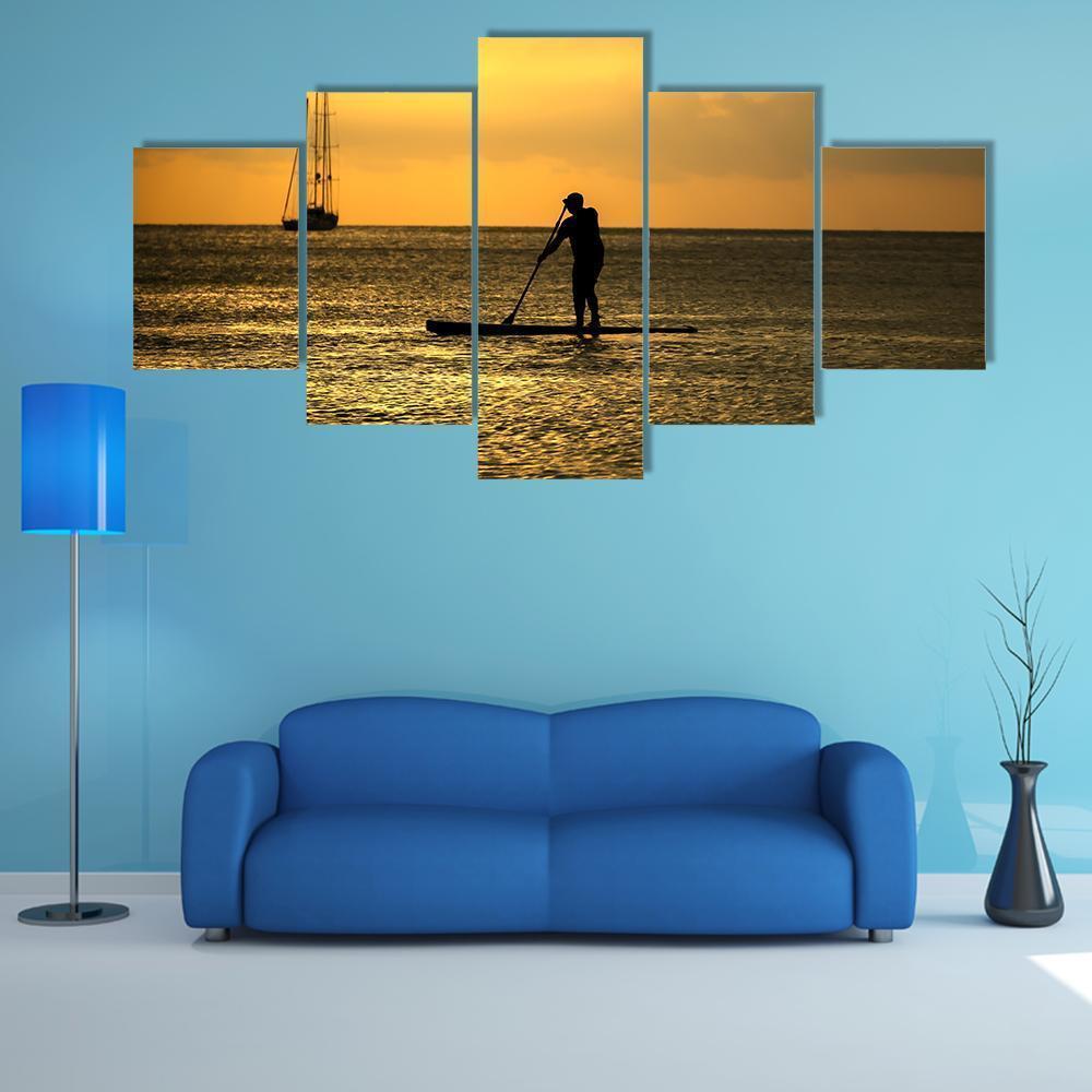 Man Paddle Sailing At Sea Canvas Wall Art-5 Star-Gallery Wrap-62" x 32"-Tiaracle