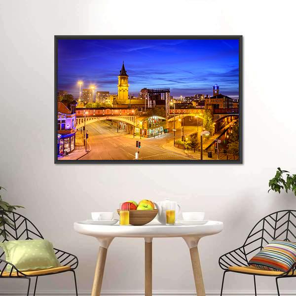Manchester City At Night Canvas Wall Art-3 Horizontal-Gallery Wrap-25" x 16"-Tiaracle