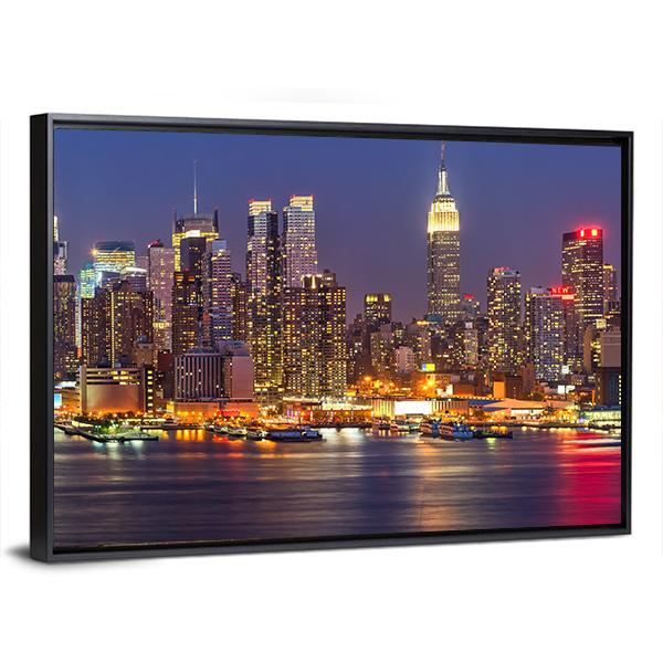 Manhattan At Night Canvas Wall Art-3 Horizontal-Gallery Wrap-25" x 16"-Tiaracle