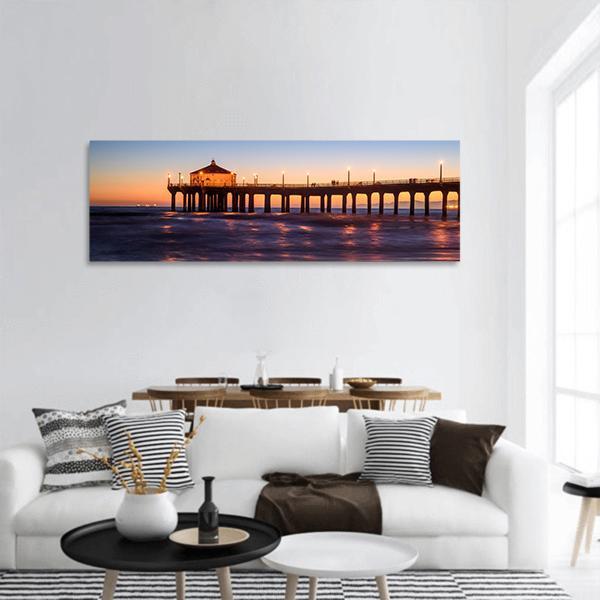 Manhattan Beach Pier At Sunset Panoramic Canvas Wall Art-1 Piece-36" x 12"-Tiaracle