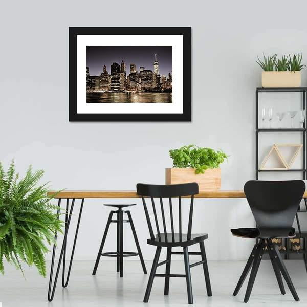 Manhattan Skyline At Night Canvas Wall Art-3 Horizontal-Gallery Wrap-25" x 16"-Tiaracle