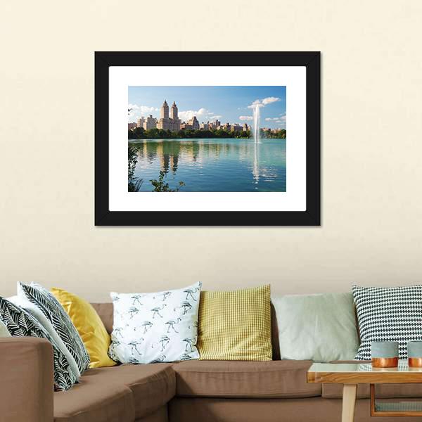 Manhattan Skyline With Fountain Canvas Wall Art-3 Horizontal-Gallery Wrap-25" x 16"-Tiaracle