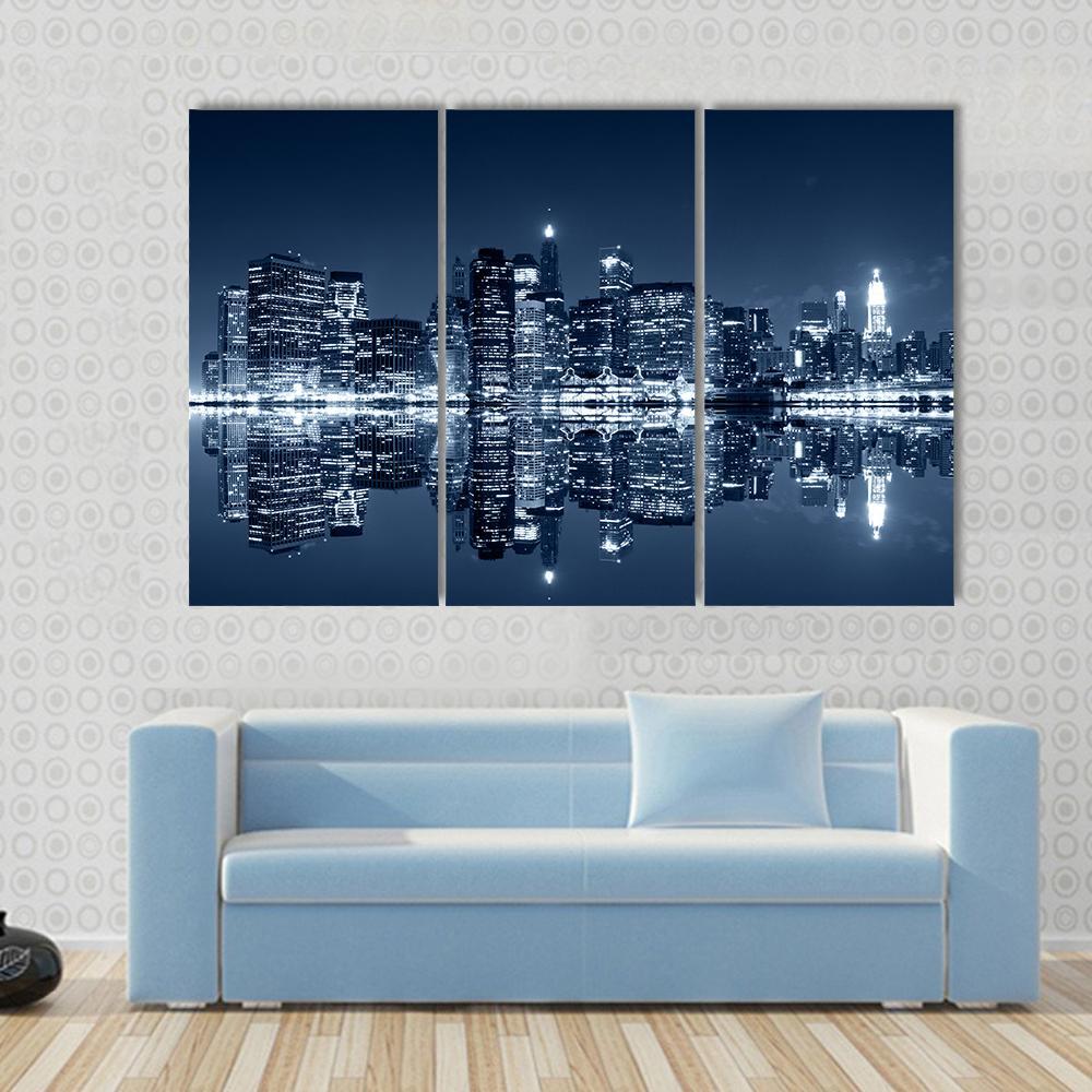 NY Skyline At Night Canvas Wall Art-3 Horizontal-Gallery Wrap-37" x 24"-Tiaracle