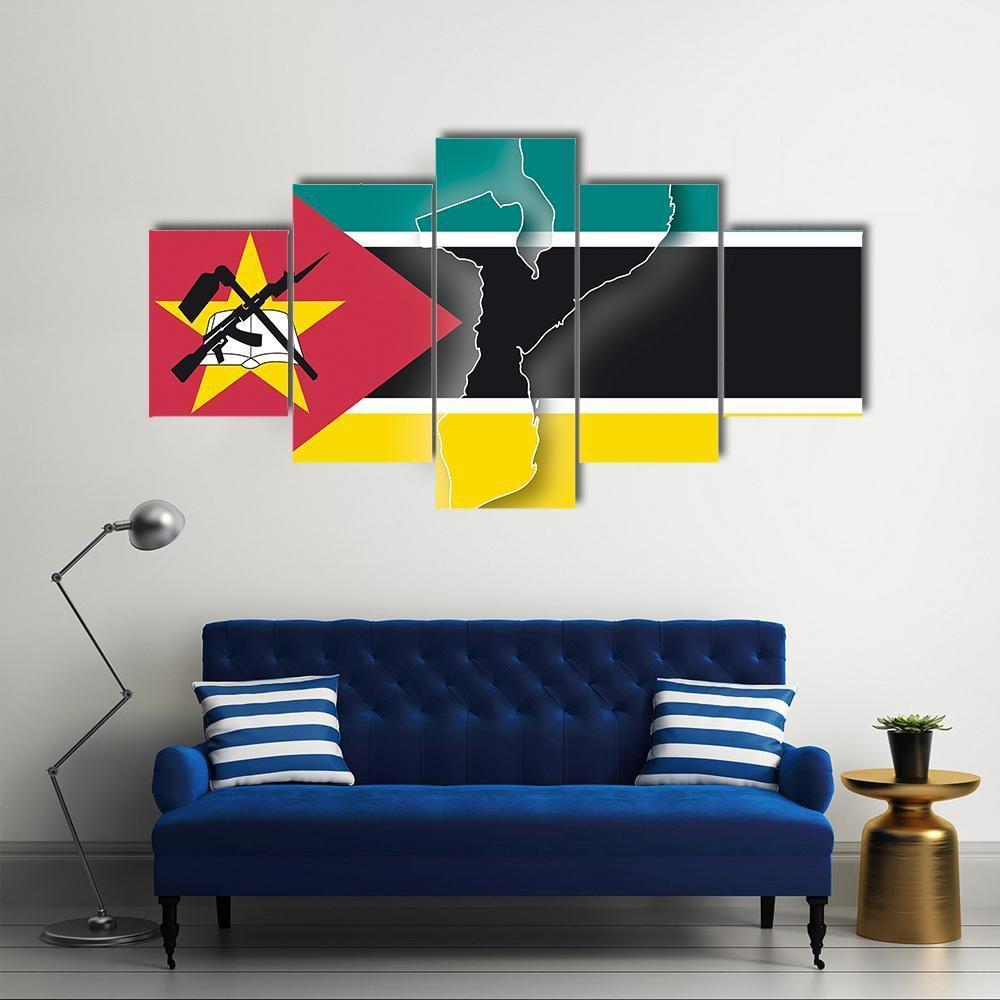 Map In Mozambique Flag Canvas Wall Art-5 Star-Gallery Wrap-62" x 32"-Tiaracle