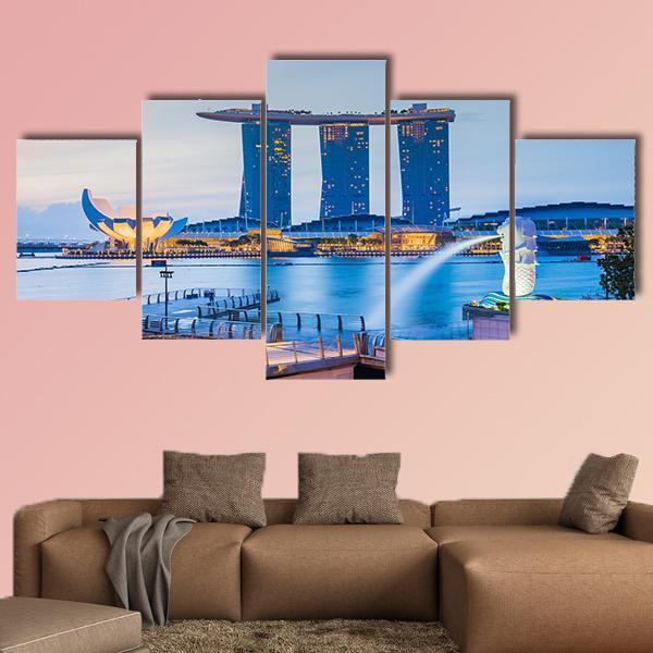 Marina Bay Skyline Canvas Wall Art-5 Star-Gallery Wrap-62" x 32"-Tiaracle