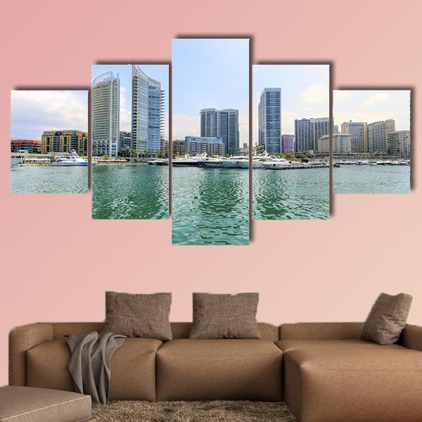 Marina In Zaitunay Bay Canvas Wall Art-5 Star-Gallery Wrap-62" x 32"-Tiaracle