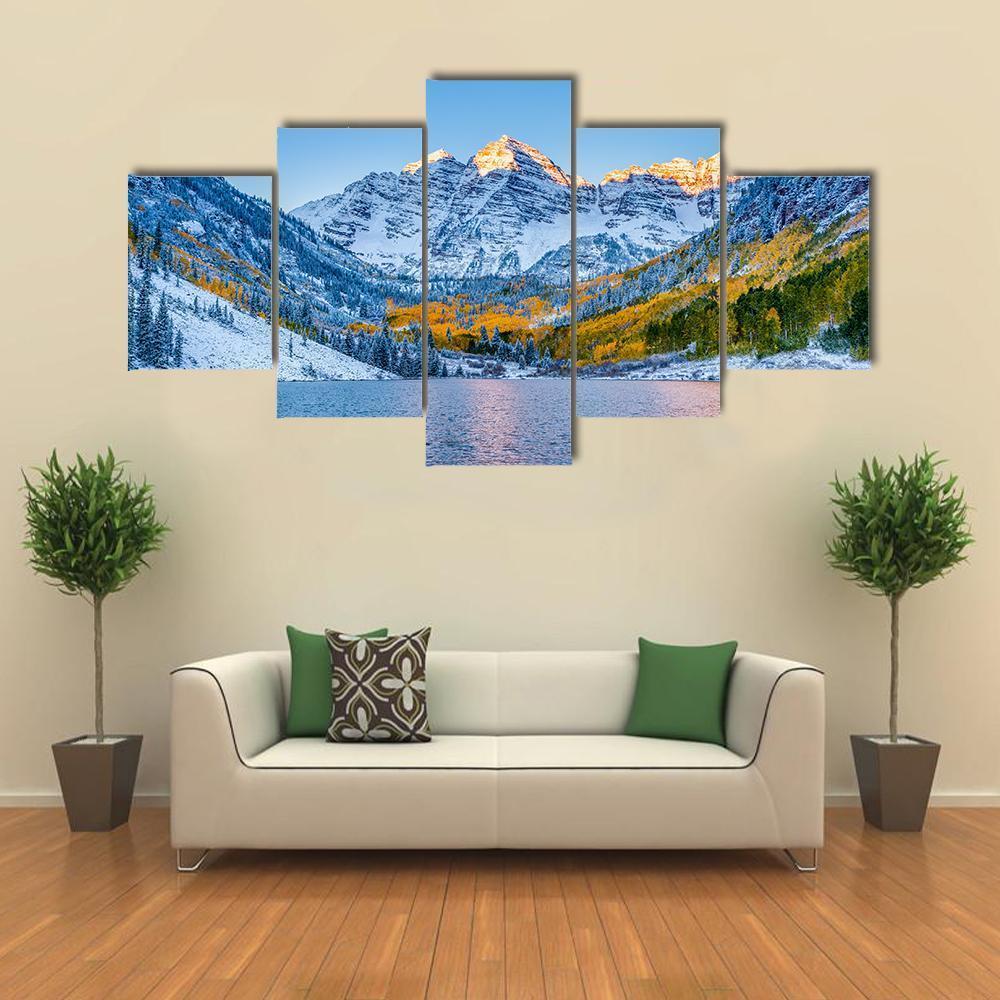 Maroon Bells At Sunrise Canvas Wall Art-5 Star-Gallery Wrap-62" x 32"-Tiaracle