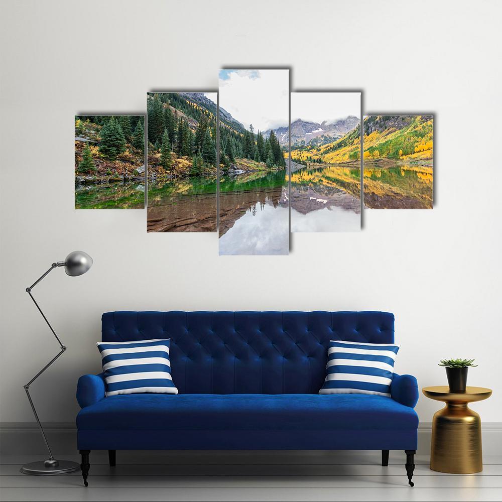 Maroon Bells Fall Canvas Wall Art-5 Star-Gallery Wrap-62" x 32"-Tiaracle