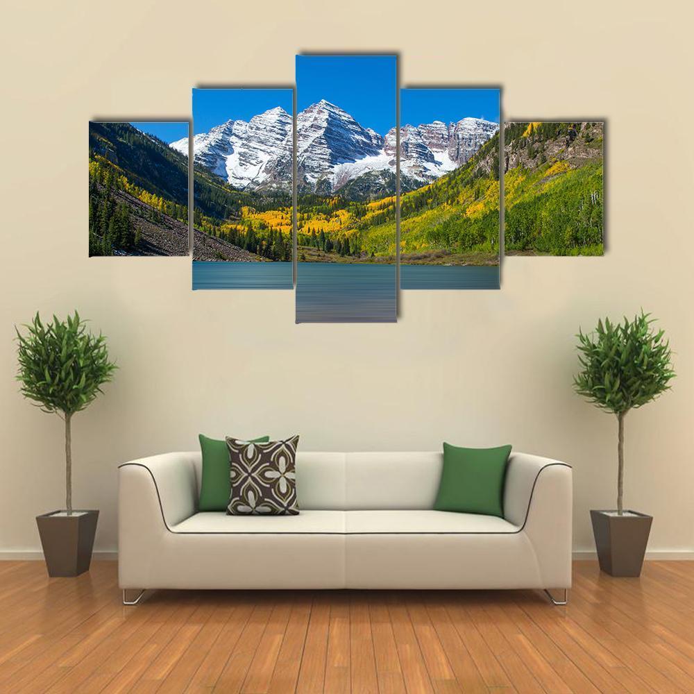 Maroon Bells In Autumn Canvas Wall Art-5 Star-Gallery Wrap-62" x 32"-Tiaracle