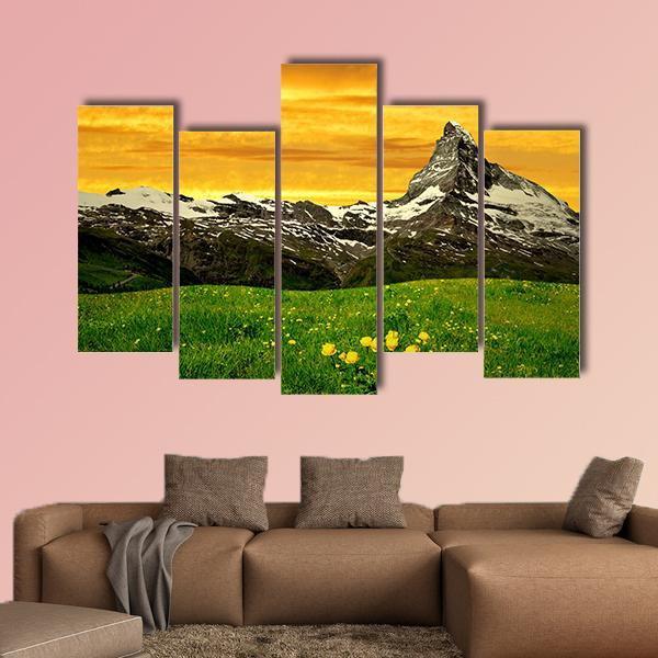 Matterhorn In Sunset Canvas Wall Art-5 Pop-Gallery Wrap-47" x 32"-Tiaracle