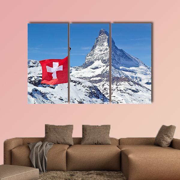 Matterhorn With Switzerland Flag Canvas Wall Art-3 Horizontal-Gallery Wrap-37" x 24"-Tiaracle
