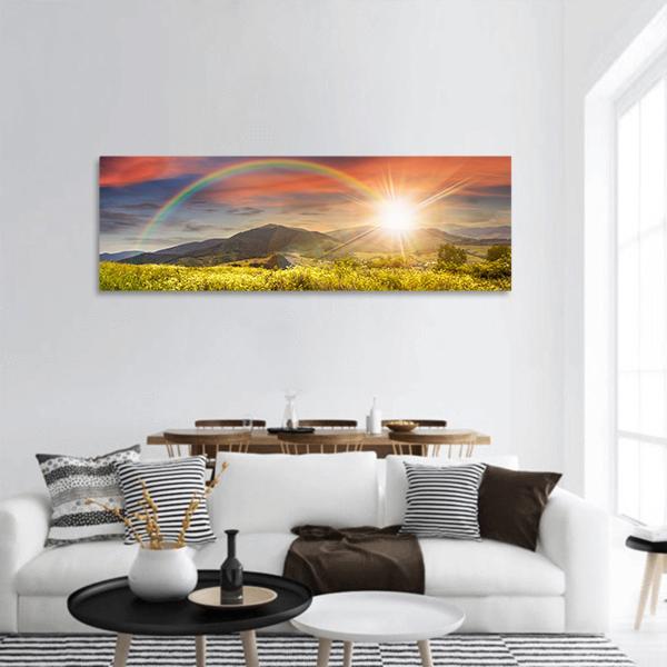 Meadow In Mountains With Rainbow Panoramic Canvas Wall Art-1 Piece-36" x 12"-Tiaracle