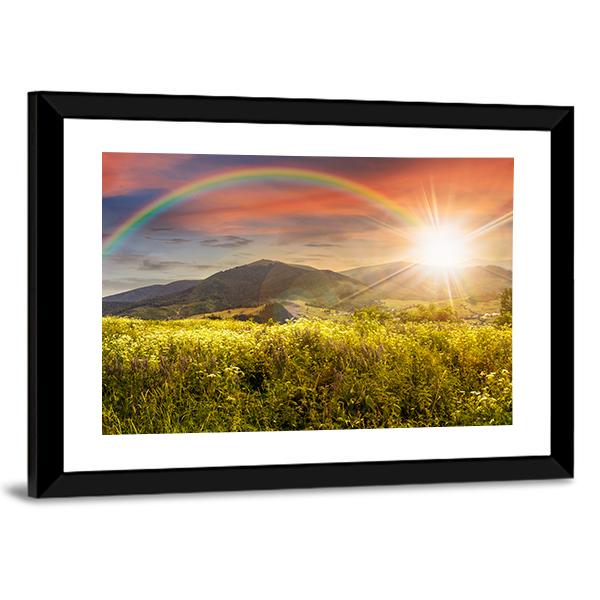 Meadow In Mountains With Rainbow Panoramic Canvas Wall Art-1 Piece-36" x 12"-Tiaracle