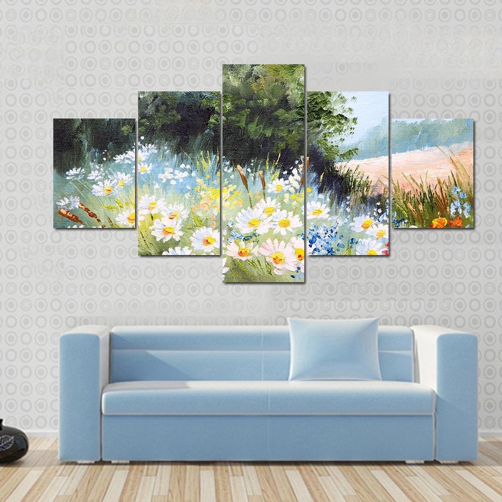 Meadow Of Daisies Canvas Wall Art-5 Pop-Gallery Wrap-47" x 32"-Tiaracle