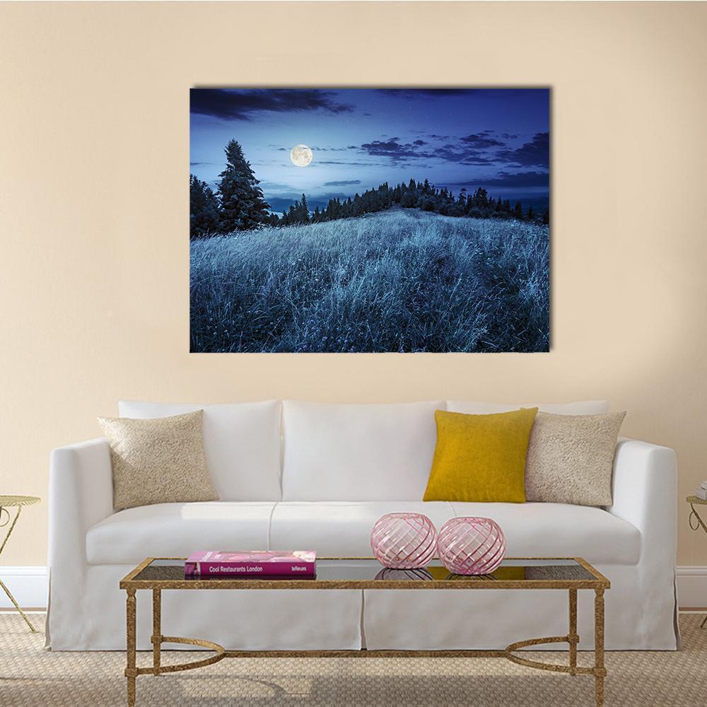 Meadow With Full Moon Canvas Wall Art-1 Piece-Gallery Wrap-48" x 32"-Tiaracle