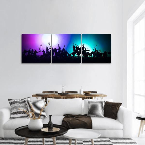 Medieval Battle Silhouette Panoramic Canvas Wall Art-3 Piece-25" x 08"-Tiaracle