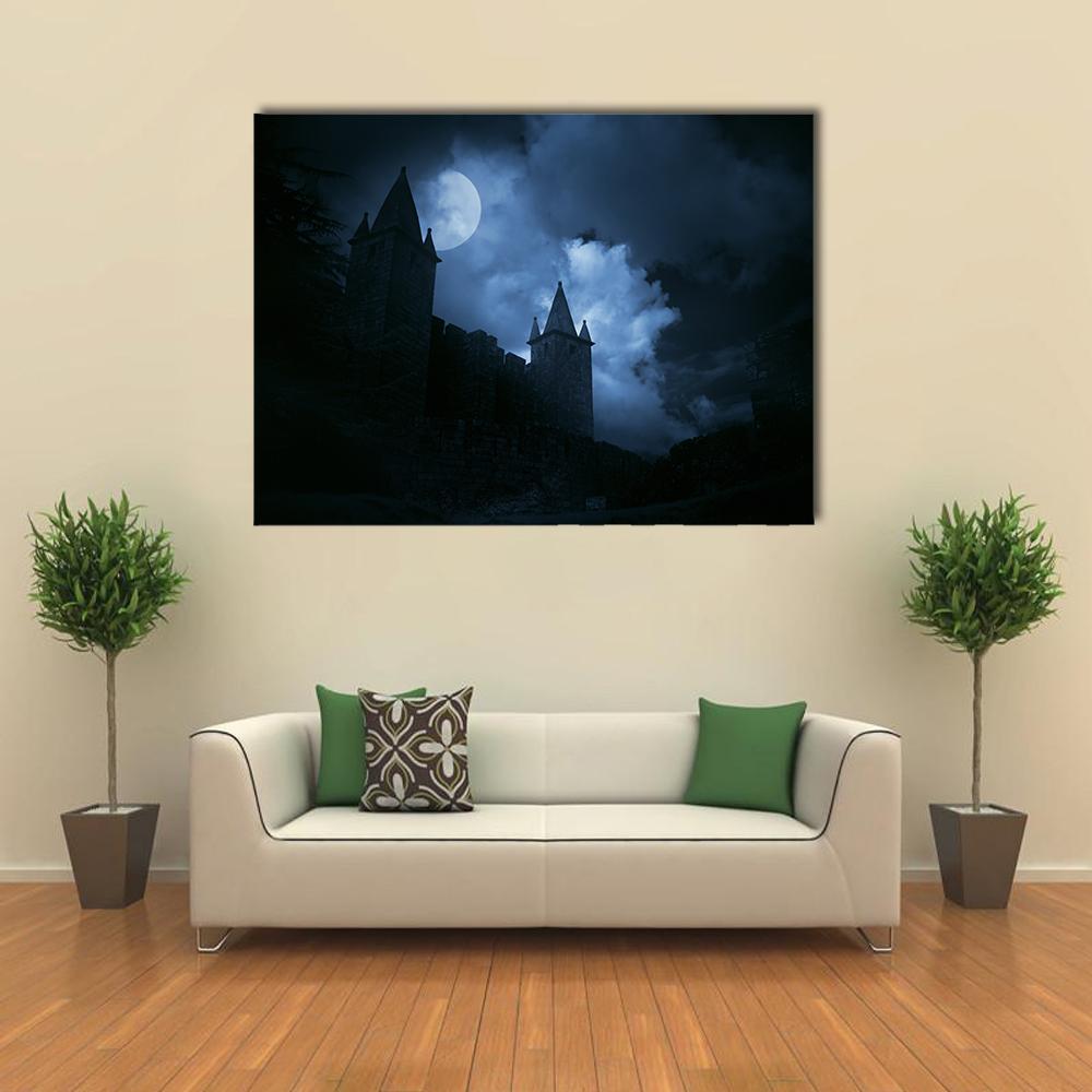 Medieval Castle In A Misty Full Moon Canvas Wall Art-5 Horizontal-Gallery Wrap-22" x 12"-Tiaracle