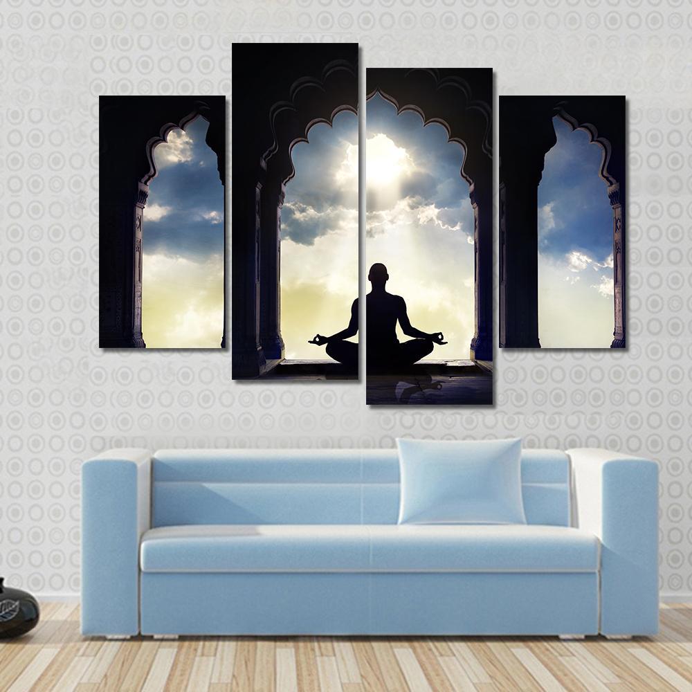 Meditating In Old Temple Canvas Wall Art-4 Pop-Gallery Wrap-50" x 32"-Tiaracle