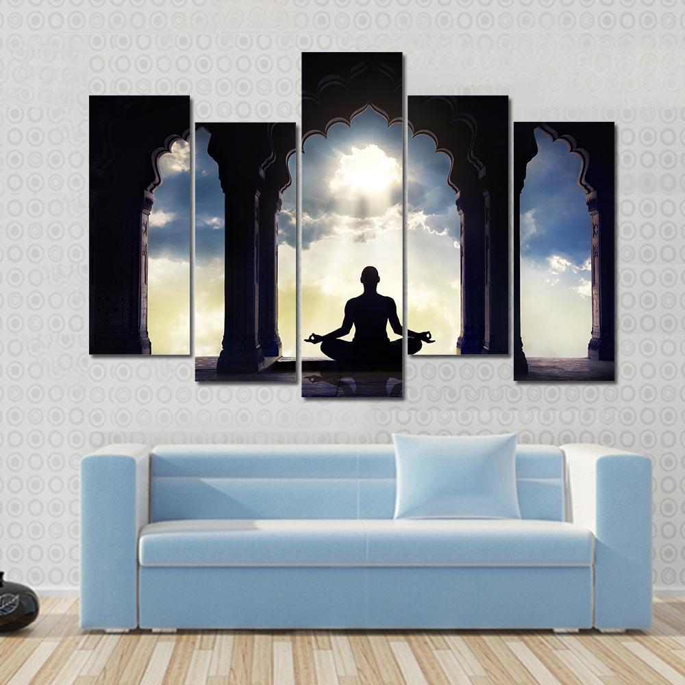 Meditating In Old Temple Canvas Wall Art-5 Pop-Gallery Wrap-47" x 32"-Tiaracle